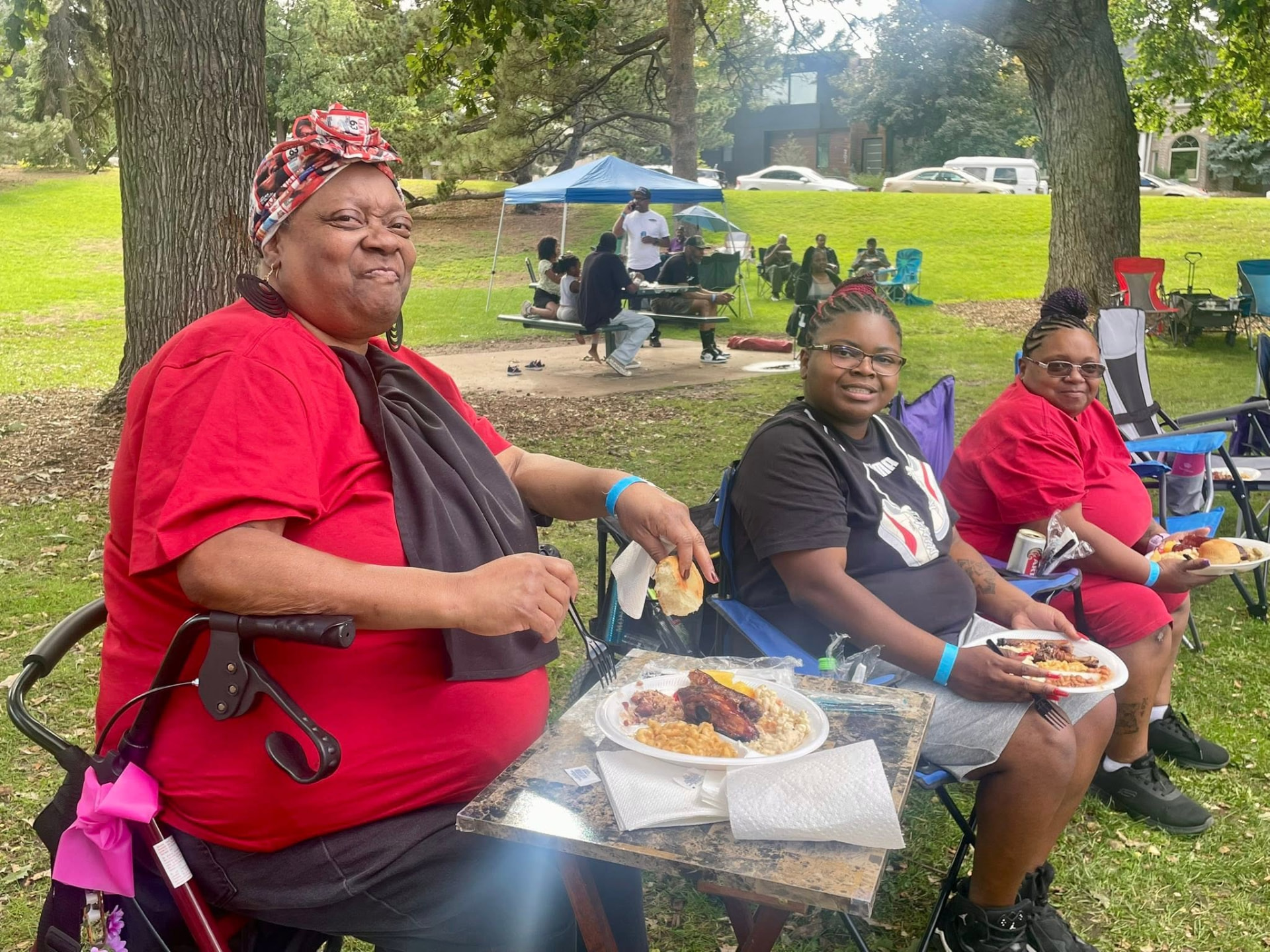 Family reunion guests enjoying plates of BBQ under the trees