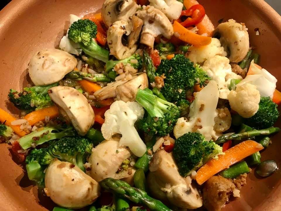 Roasted vegetable medley — broccoli, cauliflower, mushrooms, asparagus, peppers and carrots