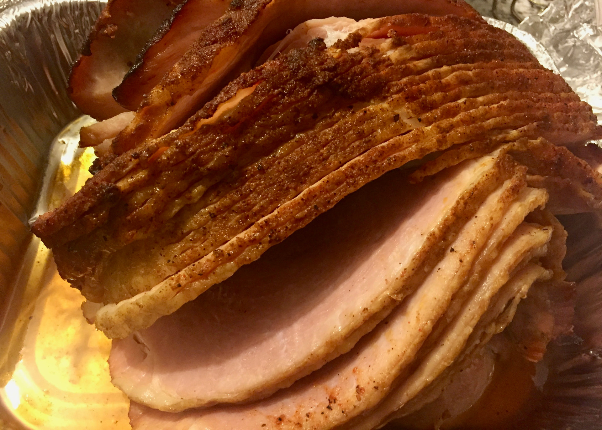 Sliced spiral smoked ham, ready to serve