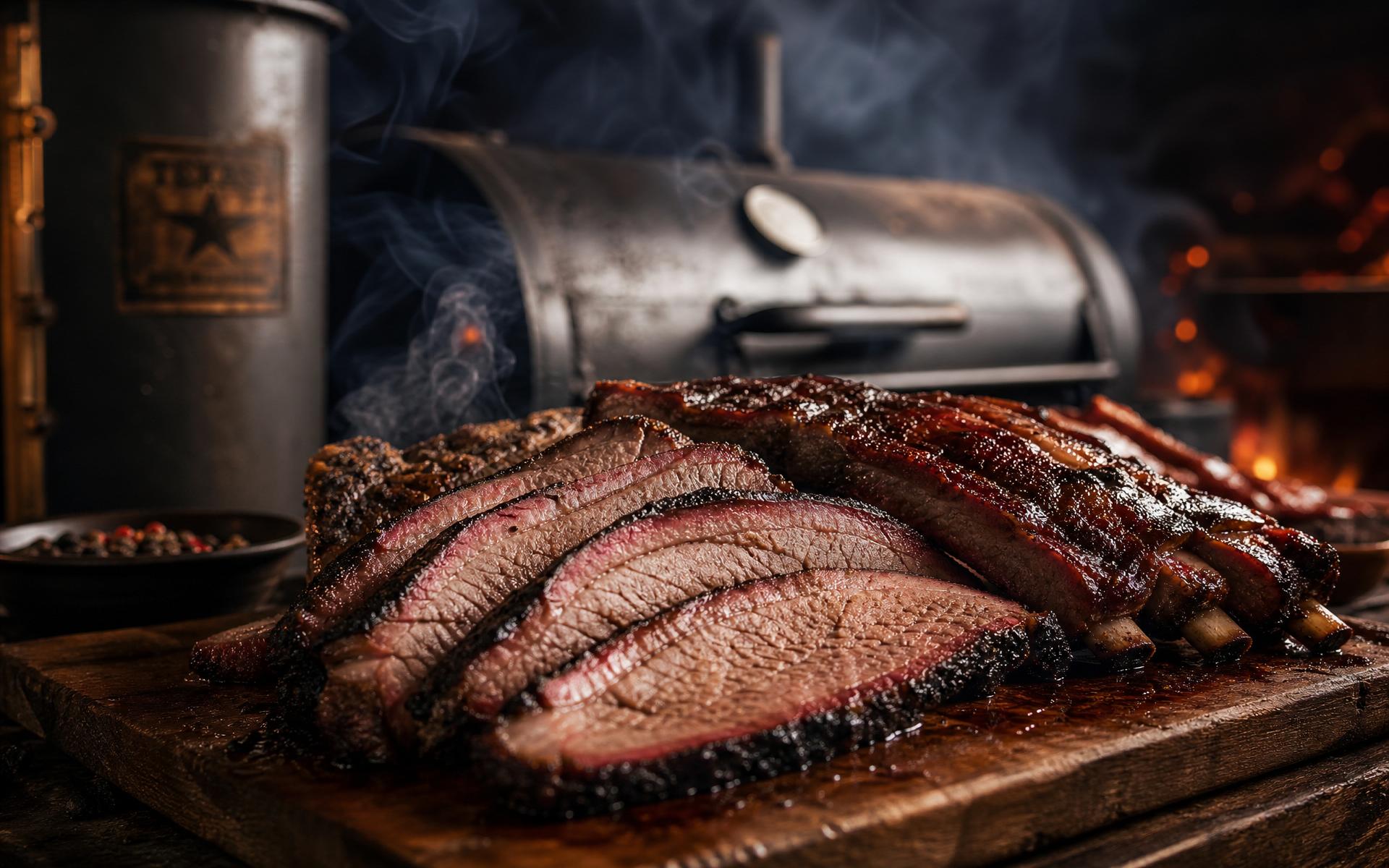 Sliced Texas smoked brisket and glazed ribs with a smoker in the background